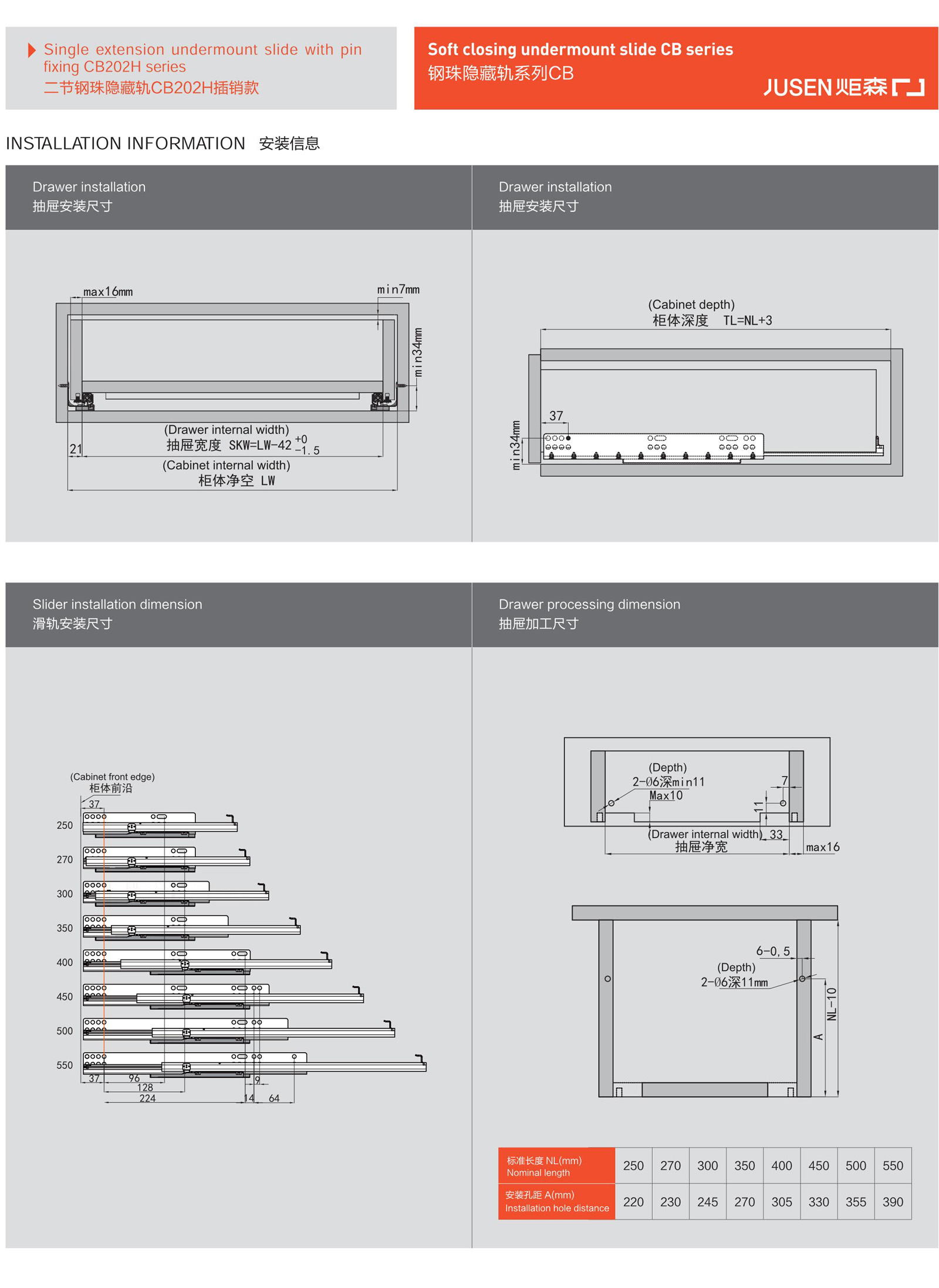 CB202H series Single extension undermount slide with pin fixing